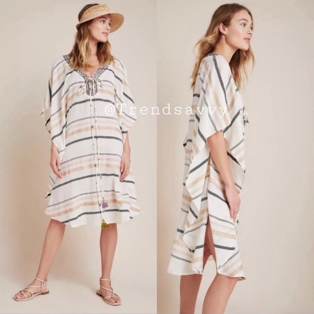 Anthropologie Duet Mariska Caftan Dress Ivory Boho Cover Up OS Beach NWT